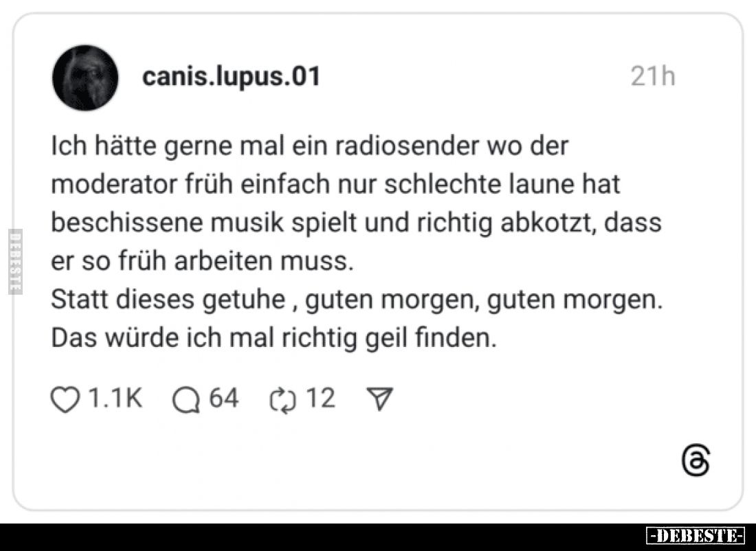Ich hätte gerne mal ein radiosender wo der moderator früh einfach nur schlechte laune hat beschissene musik spielt und richti...