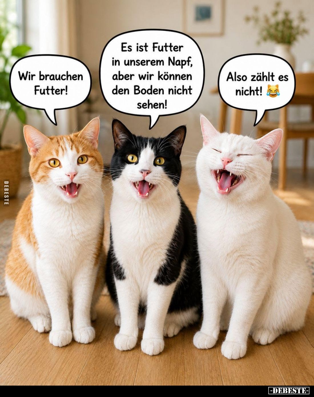 Wir brauchen Futter! -
Es ist Futter in unserem Napf, aber wir können den Boden nicht sehen! -
Also zählt es nicht!