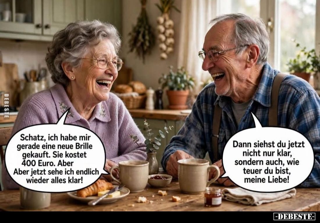 Schatz, ich habe mir gerade eine neue Brille gekauft. Sie kostet 400 Euro. Aber Aber jetzt sehe ich endlich wieder alles klar...