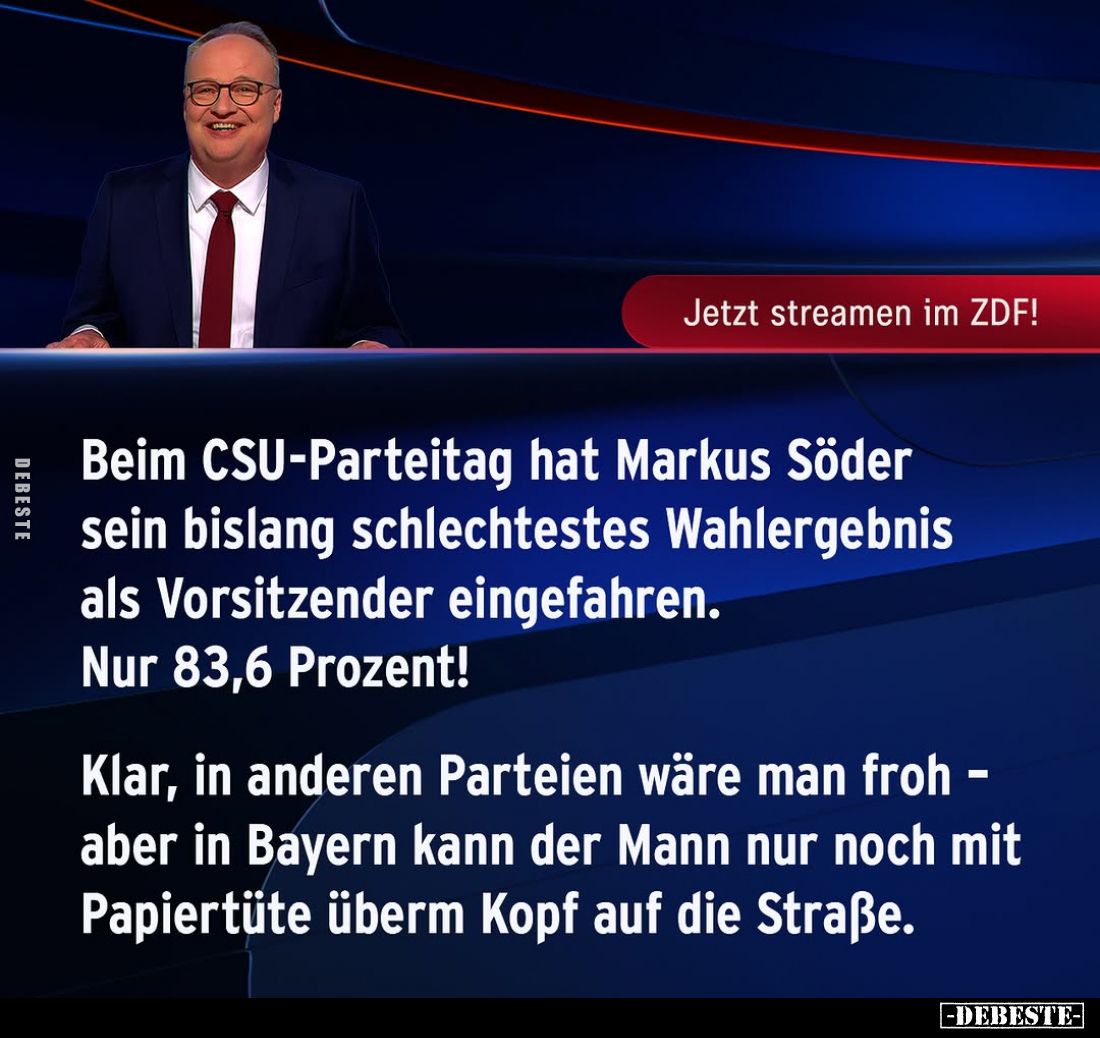 Beim CSU-Parteitag hat Markus Söder sein bislang schlechtestes Wahlergebnis als Vorsitzender eingefahren. Nur 83,6 Prozent!
...