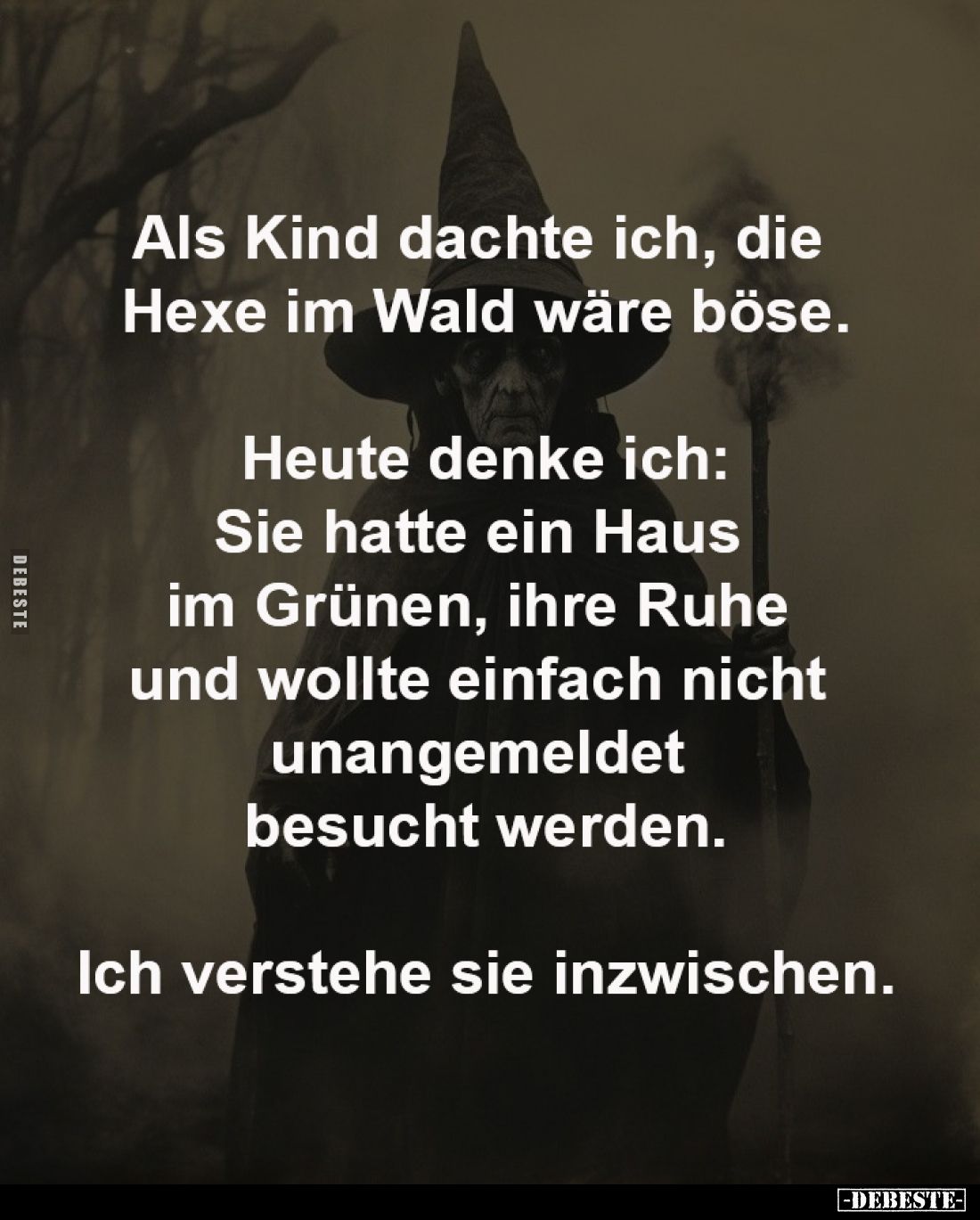 Als Kind dachte ich, die
Hexe im Wald wäre böse.
Heute denke ich:
Sie hatte ein Haus im Grünen,
ihre Ruhe und wollte ...