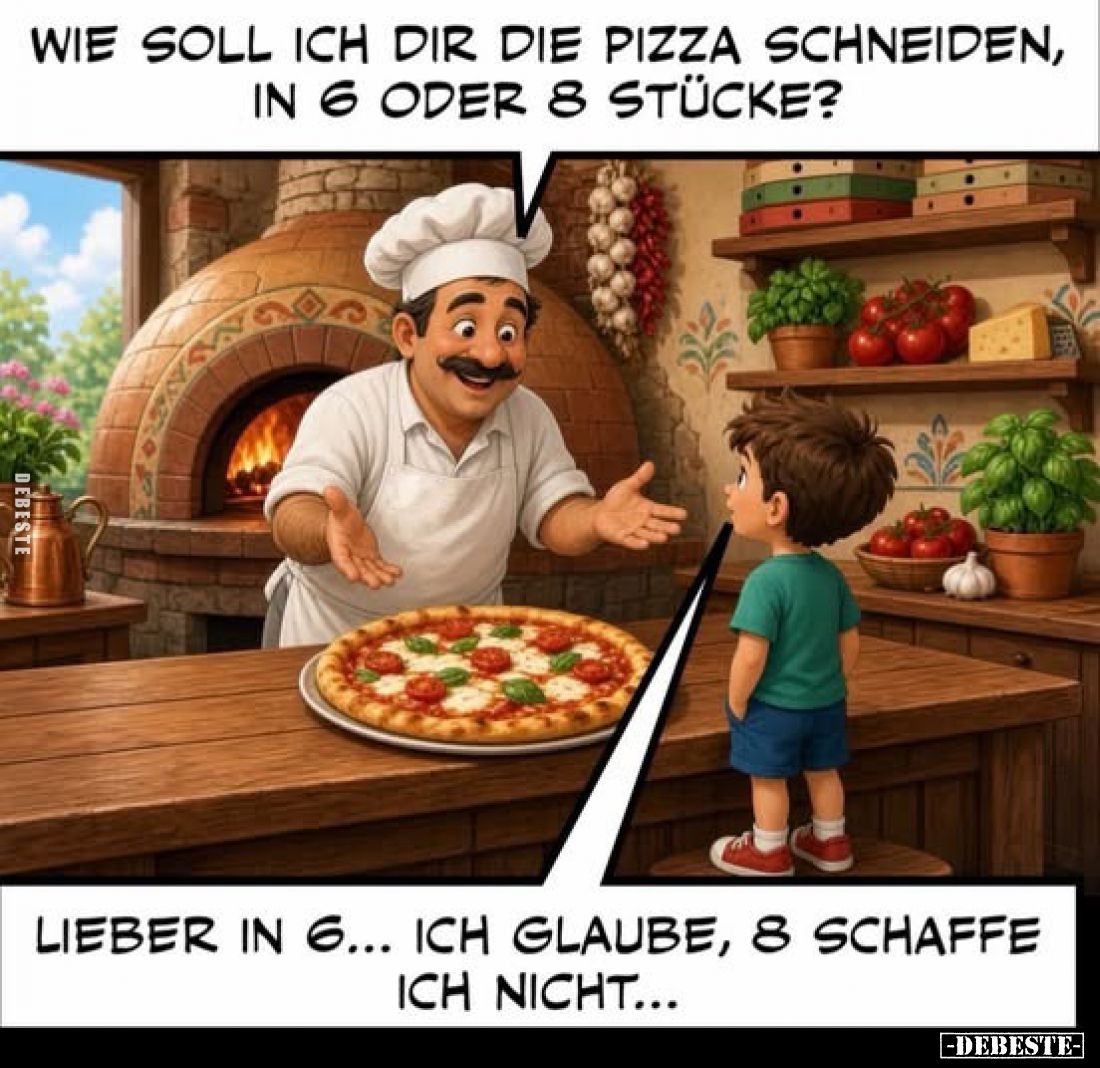 Wie soll ich dir die Pizza schneiden, in 6 oder 8 Stücke?
-
Lieber in 6... Ich glaube, 8 schaffe ich nicht...