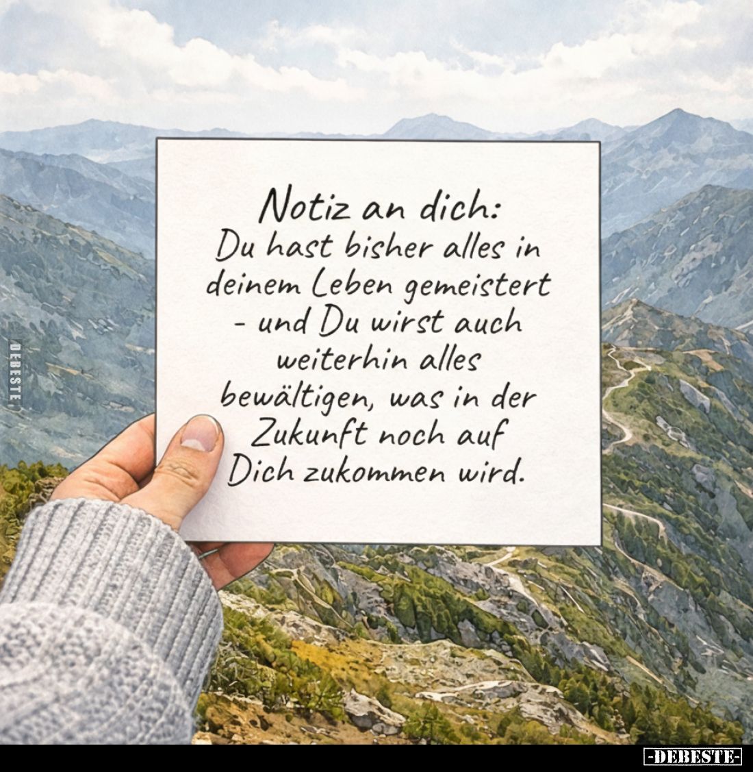 Notiz an dich:
Du hast bisher alles in deinem Leben gemeistert - und Du wirst auch weiterhin alles bewältigen, was in der Zu...