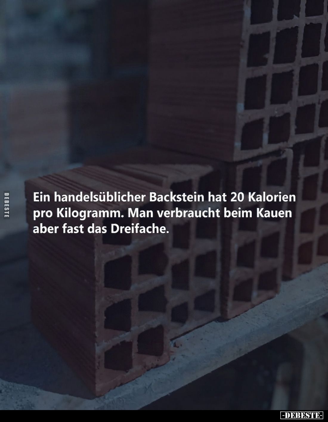 Ein handelsüblicher Backstein hat 20 Kalorien pro Kilogramm.
Man verbraucht beim Kauen aber fast das Dreifache.