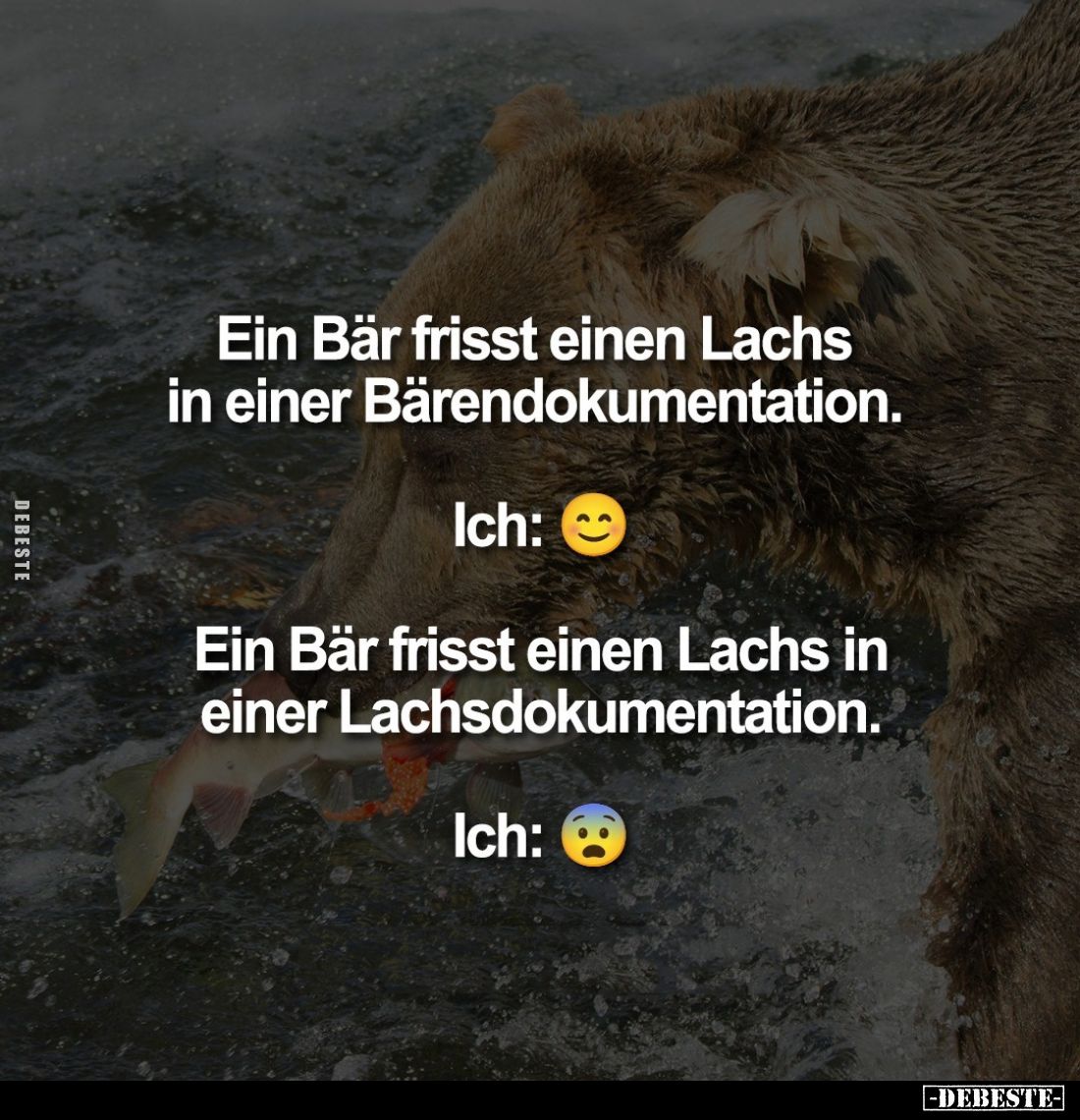 Ein Bär frisst einen Lachs in einer Bärendokumentation. 
-
Ein Bär frisst einen Lachs in einer Lachsdokumentation.