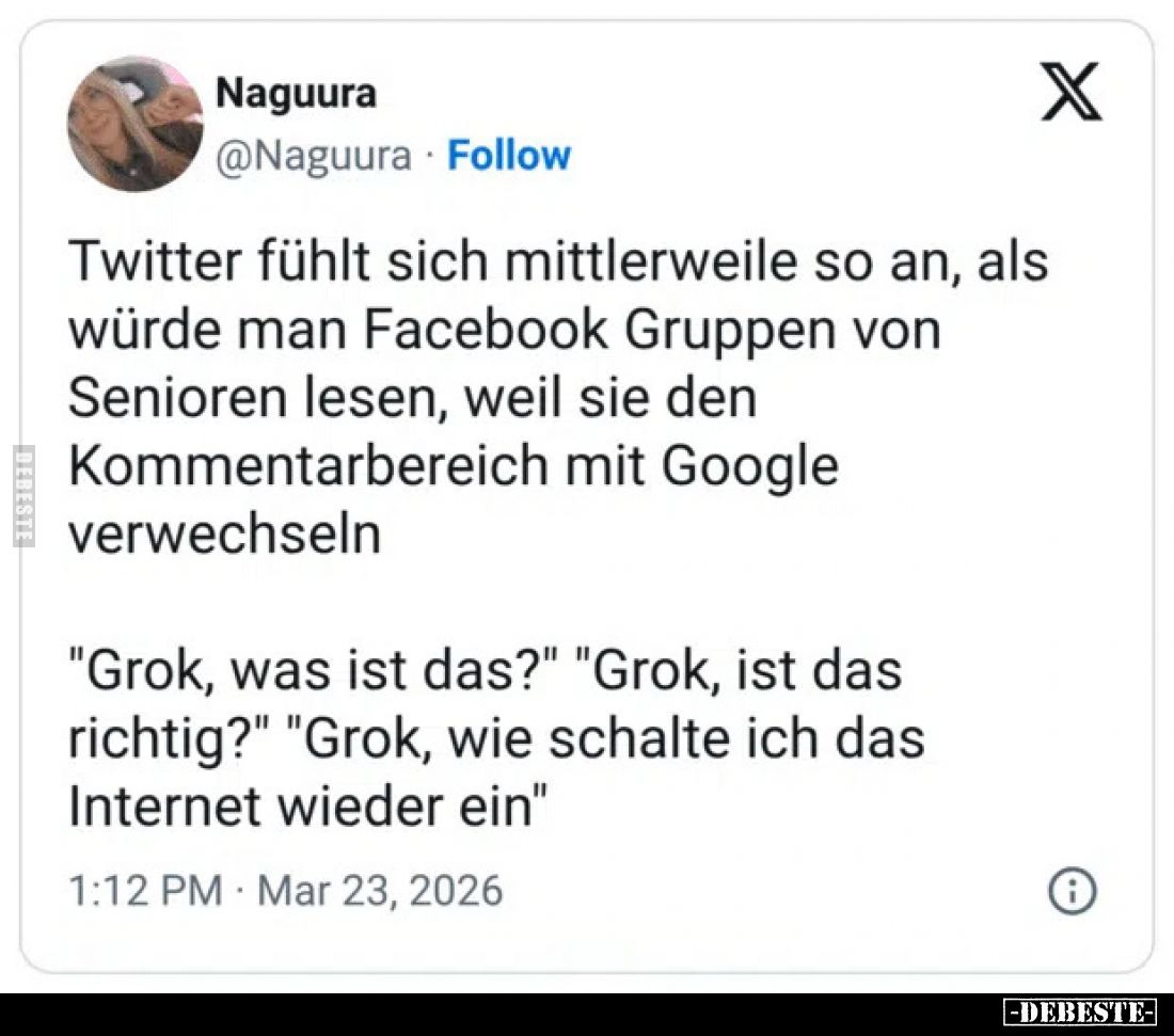 Twitter fühlt sich mittlerweile so an, als würde man Facebook Gruppen von Senioren lesen, weil sie den Kommentarbereich mit G...