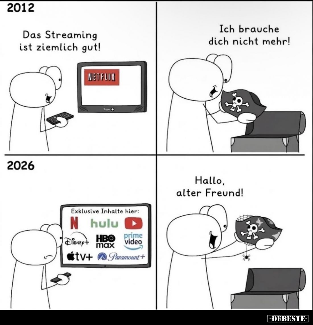 2012:
Das Streaming ist ziemlich gut! -
Ich brauche dich nicht mehr!
-
2026:
Hallo, alter Freund!