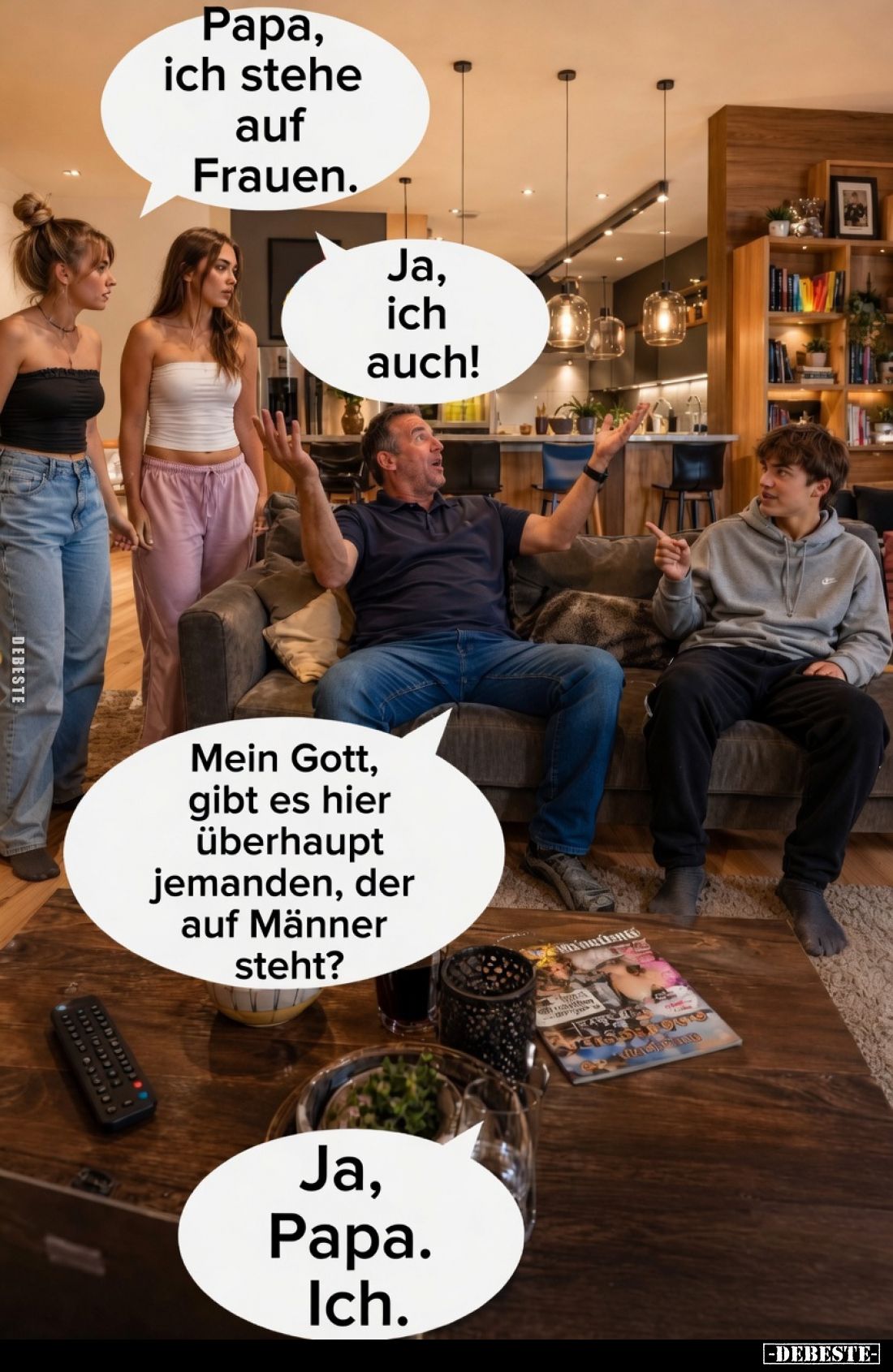 Papa, ich stehe auf Frauen.
Ja, ich auch!
Mein Gott, gibt es hier überhaupt jemanden, der auf Männer steht?
Ja, Papa. Ich.
