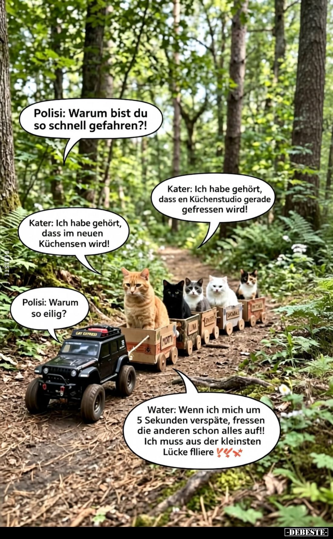 Polisi: Warum bist du so schnell gefahren?!

Kater: Ich habe gehört, dass im neuen Küchensen wird!

Kater: Ich habe gehör...