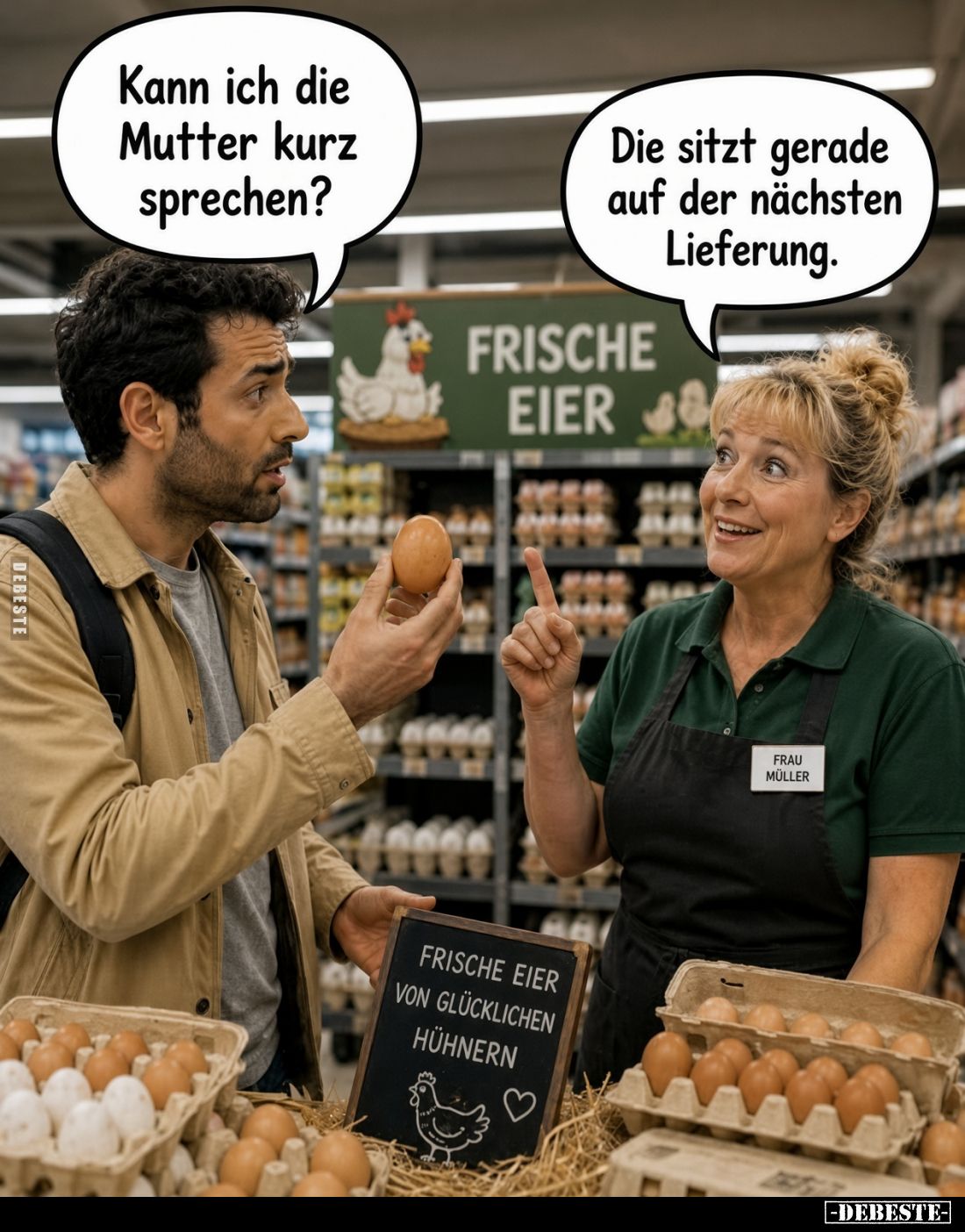 Kann ich die Mutter kurz sprechen?
-
Die sitzt gerade auf der nächsten Lieferung.