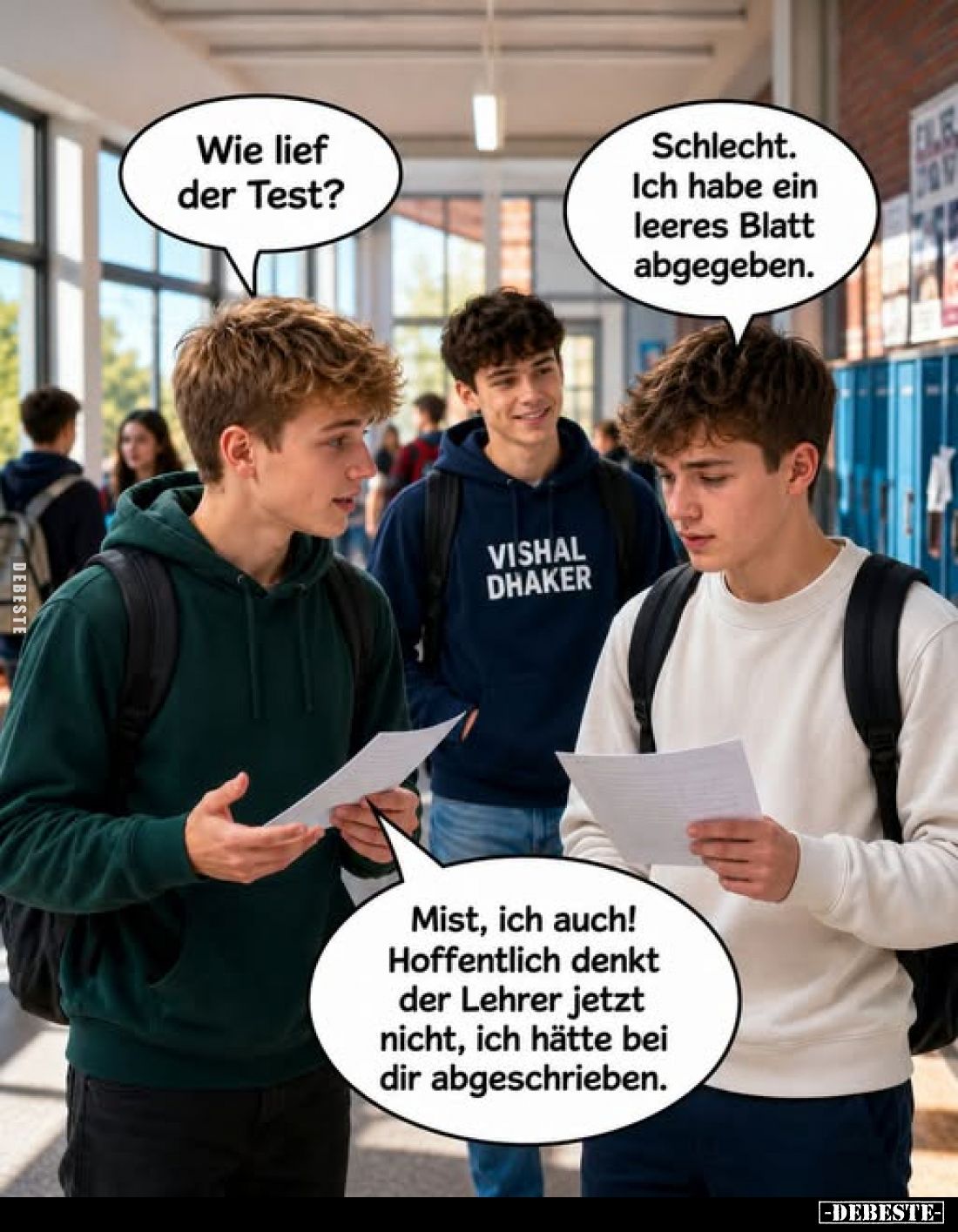 Wie lief der Test?
Schlecht. Ich habe ein leeres Blatt abgegeben.

Mist, ich auch! Hoffentlich denkt der Lehrer jetzt nich...