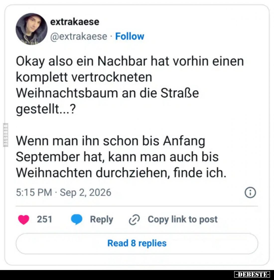 Okay also ein Nachbar hat vorhin einen komplett vertrockneten Weihnachtsbaum an die Straße gestellt...?

Wenn man ihn schon...