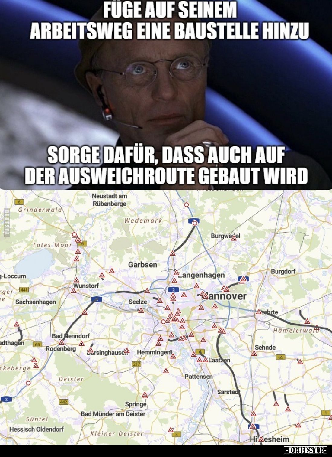 Füge auf seinem Arbeitsweg eine Baustelle hinzu. Sorge dafür, dass auch auf der Ausweichroute gebaut wird.