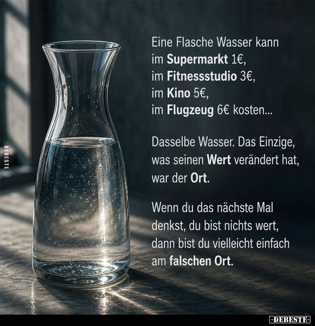 Eine Flasche Wasser kann im Supermarkt 1€, im Fitnessstudio 3€, im Kino 5€, im Flugzeug 6€ kosten...
Dasselbe Wasser. Das Ei...