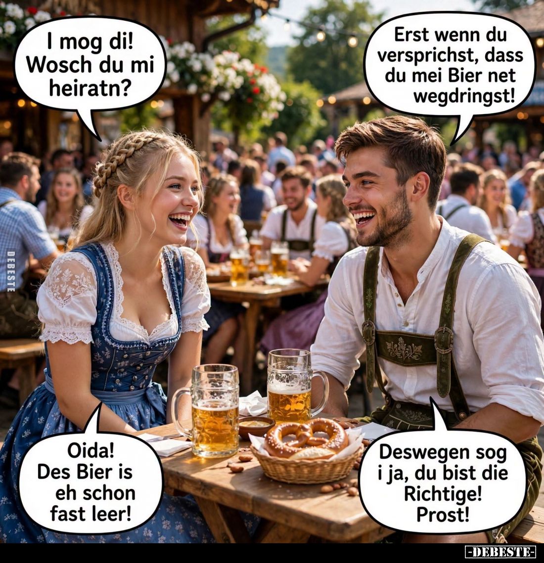 I mog di! Wosch du mi heiratn? -
Erst wenn du versprichst, dass du mei Bier net wegdringst! - Oida! Des Bier is eh schon fas...