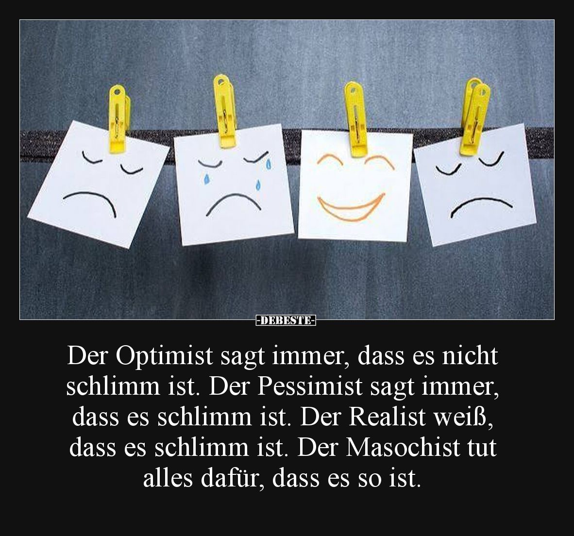 Der Optimist sagt immer, dass es nicht 
schlimm ist. 
Der Pessimist sagt immer, dass es 
schlimm ist.
Der Realist weiß, d...
