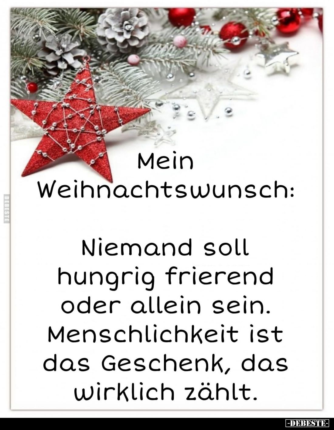 Mein Weihnachtswunsch:
Niemand soll hungrig frierend oder allein sein. Menschlichkeit ist das Geschenk, das wirklich zählt.