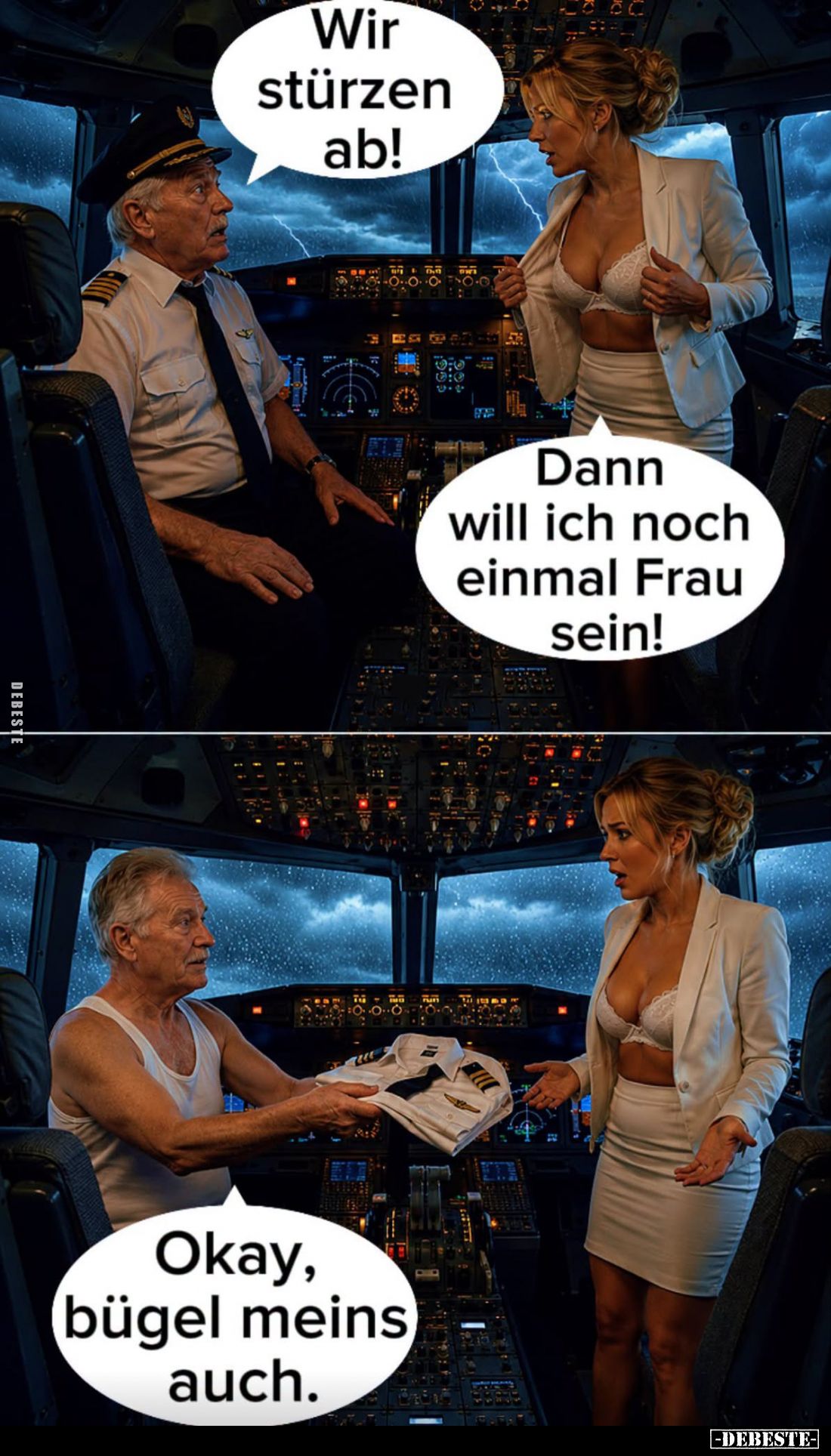 Wir stürzen ab! -
Dann will ich noch einmal Frau sein!
-
Okay, bügel meins auch.