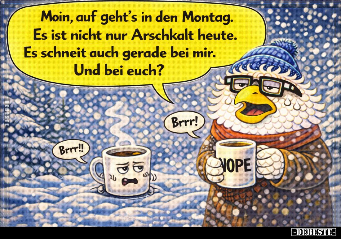Moin, auf geht's in den Montag. Es ist nicht nur Arschkalt heute. Es schneit auch gerade bei mir. Und bei euch?