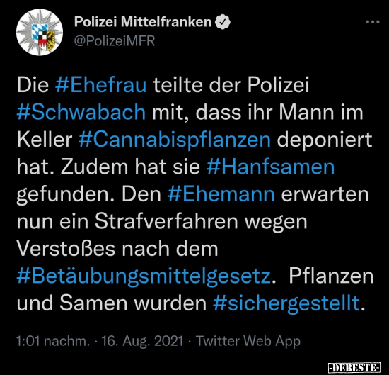Die Ehefrau teilte der Polizei Schwabach mit, dass ihr Mann.. - Lustige Bilder | DEBESTE.de