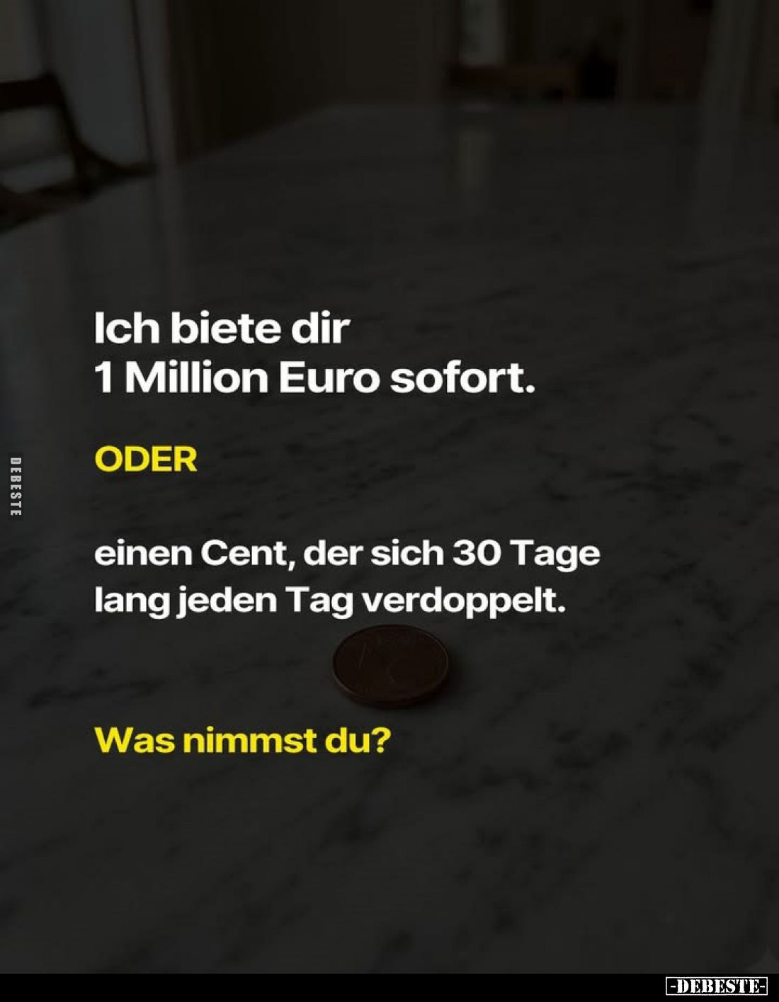 Ich biete dir 1 Million Euro sofort.
ODER
einen Cent, der sich 30 Tage lang jeden Tag verdoppelt.
Was nimmst du?