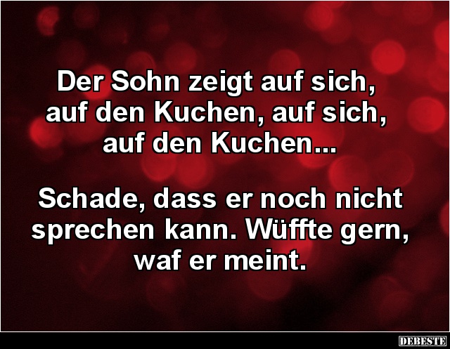 Der Sohn zeigt auf sich, 
auf den Kuchen, auf sich, 
auf den Kuchen...



Schade, dass er noch nicht sprechen kann. Wüf...