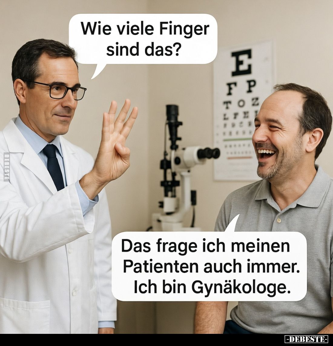 Wie viele Finger sind das?

Das frage ich meinen Patienten auch immer. Ich bin Gynäkologe.