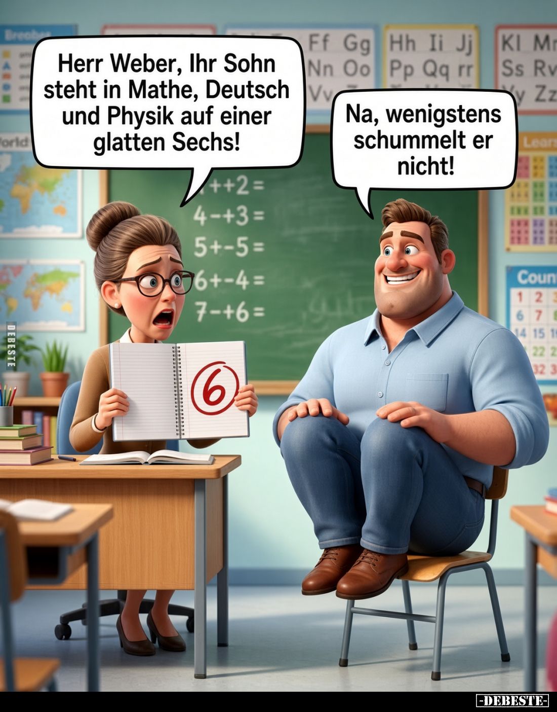 Herr Weber, Ihr Sohn steht in Mathe, Deutsch und Physik auf einer glatten Sechs!
Na, wenigstens schummelt er nicht!