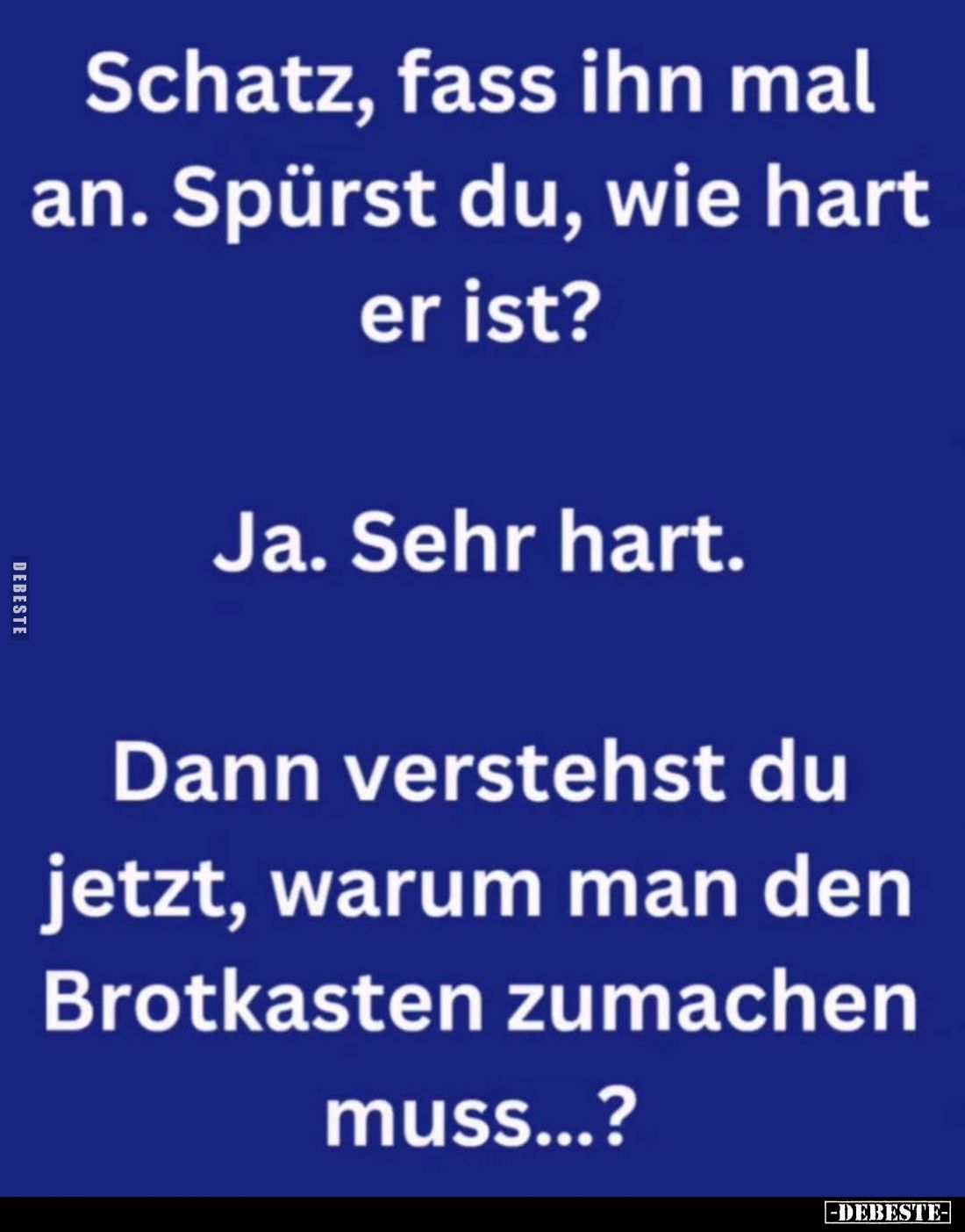Schatz, fass ihn mal an. -
Spürst du, wie hart er ist? -
Ja.
Sehr hart. -
Dann verstehst du jetzt, warum man den Brotkast...