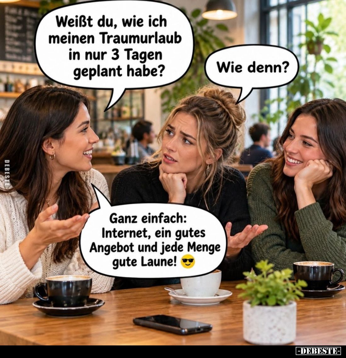Weißt du, wie ich meinen Traumurlaub in nur 3 Tagen geplant habe? -
Wie denn? -
Ganz einfach: Internet, ein gutes Angebot u...