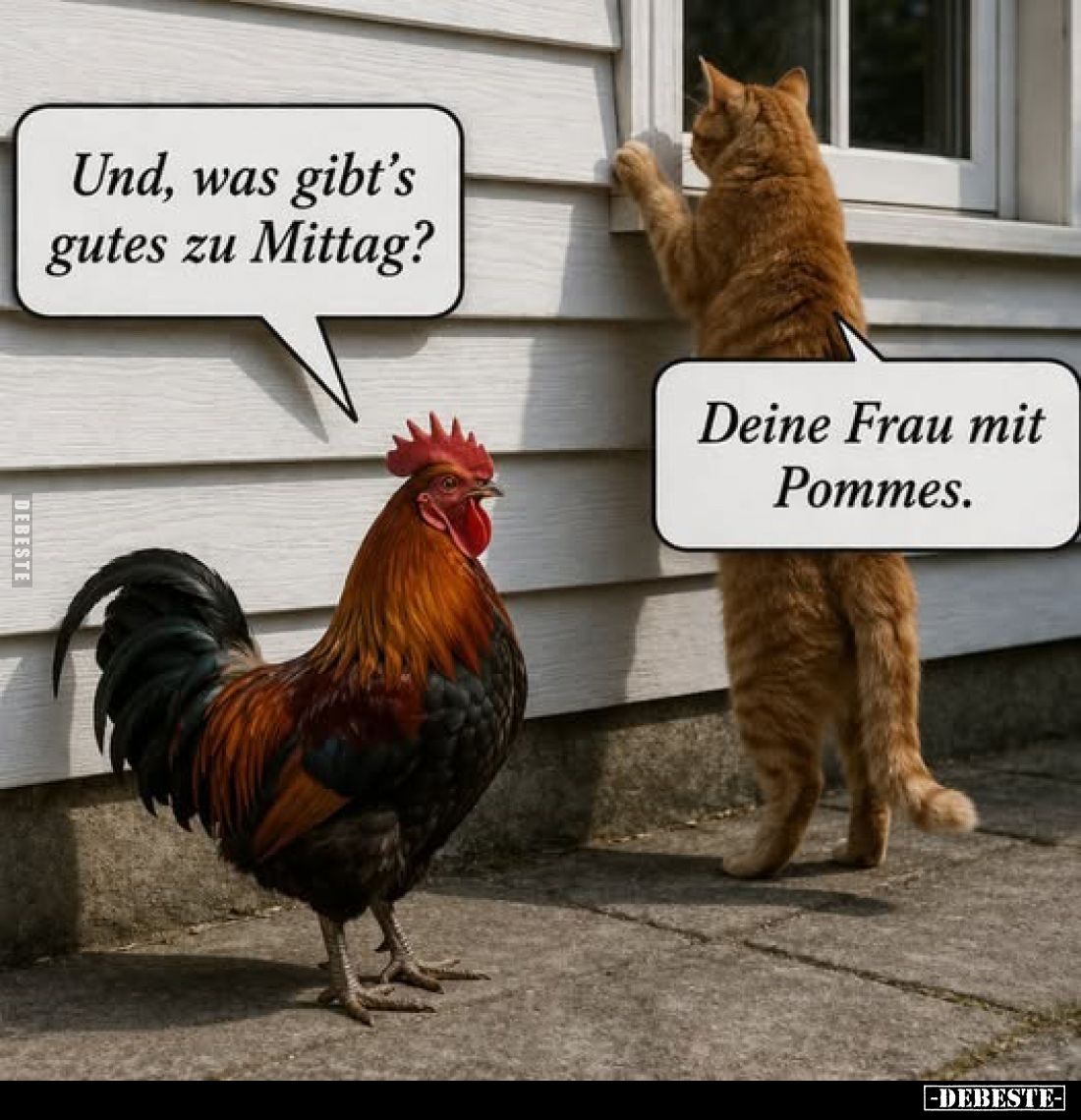 Und, was gibt's gutes zu Mittag?
-
Deine Frau mit Pommes.