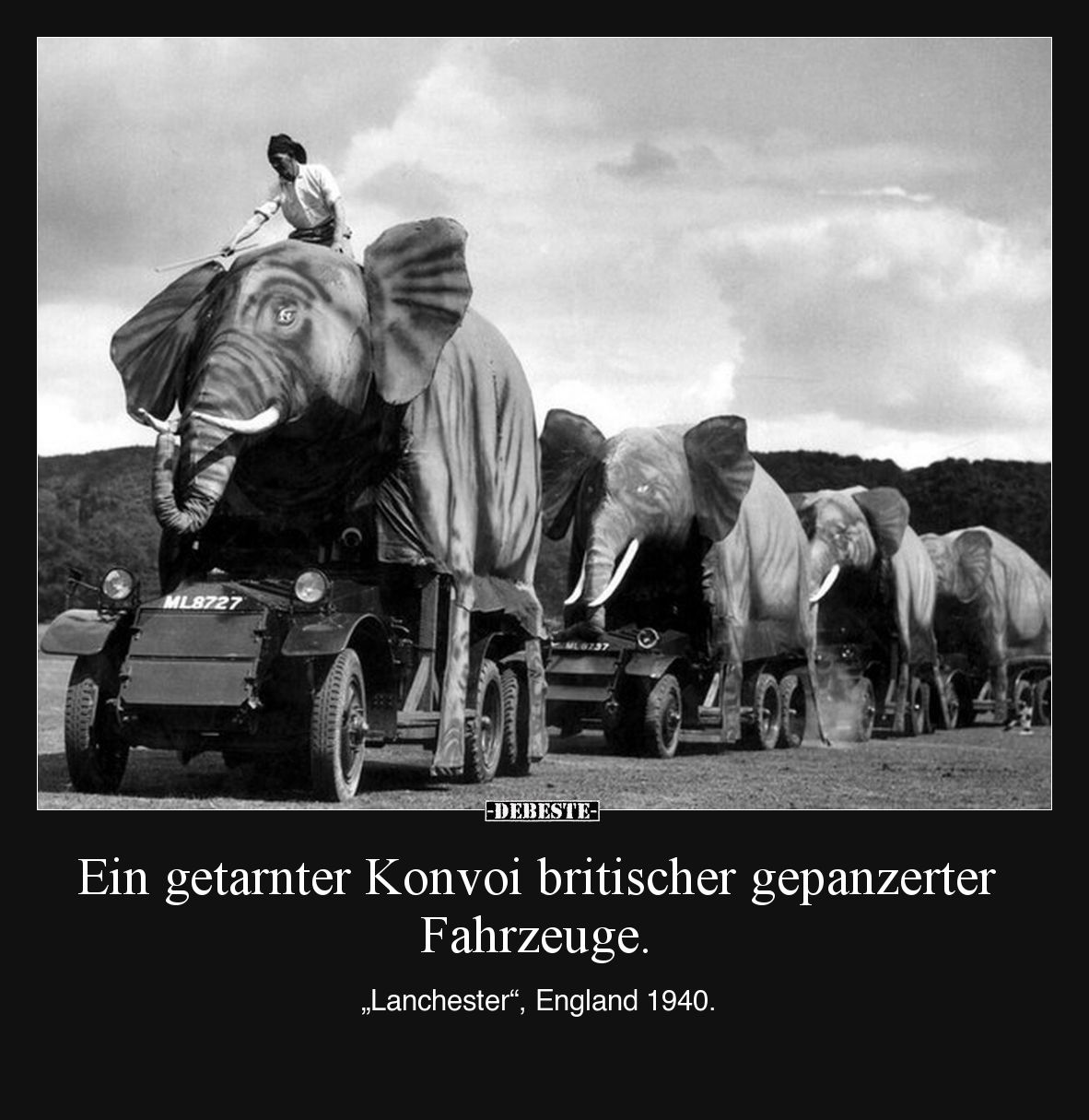 Ein getarnter Konvoi britischer gepanzerter Fahrzeuge.

„Lanchester“, England 1940.