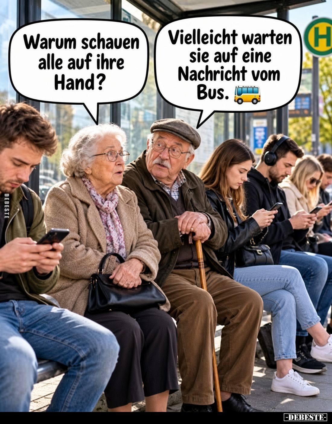 Warum schauen alle auf ihre Hand?
Vielleicht warten sie auf eine Nachricht vom Bus.