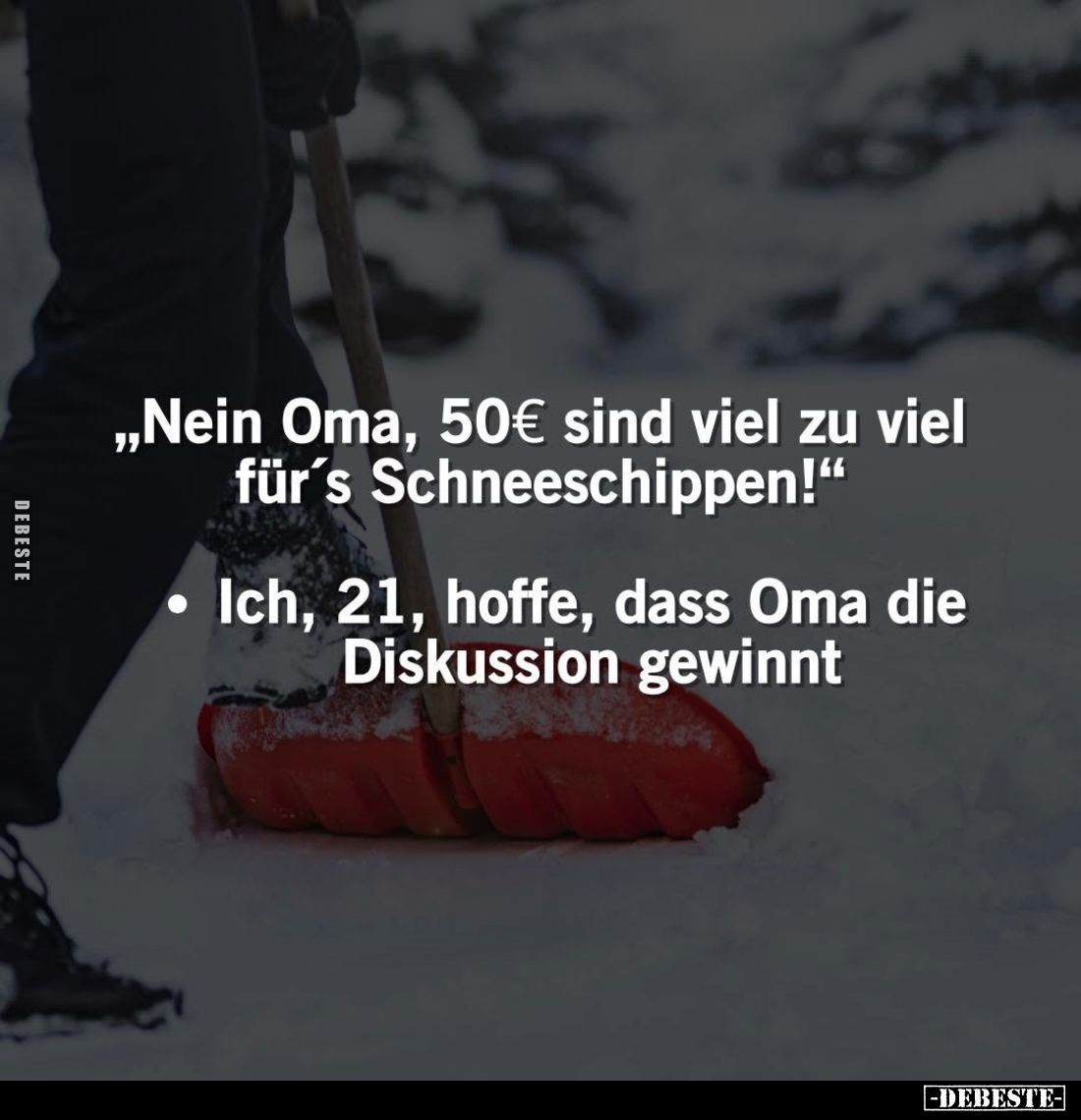"Nein Oma, 50€ sind viel zu viel für's Schneeschippen!"
- Ich, 21, hoffe, dass Oma die Diskussion gewinnt