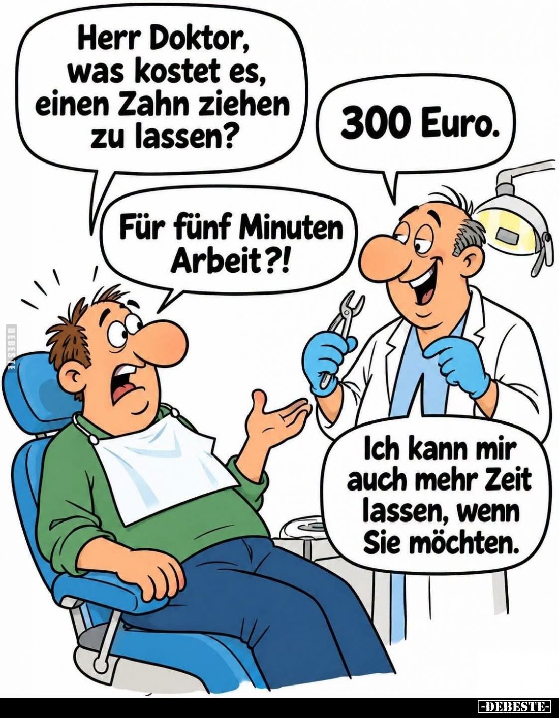 Herr Doktor, was kostet es, einen Zahn ziehen zu lassen?
-
300 Euro.
-
Für fünf Minuten Arbeit?!
-
Ich kann mir auch me...