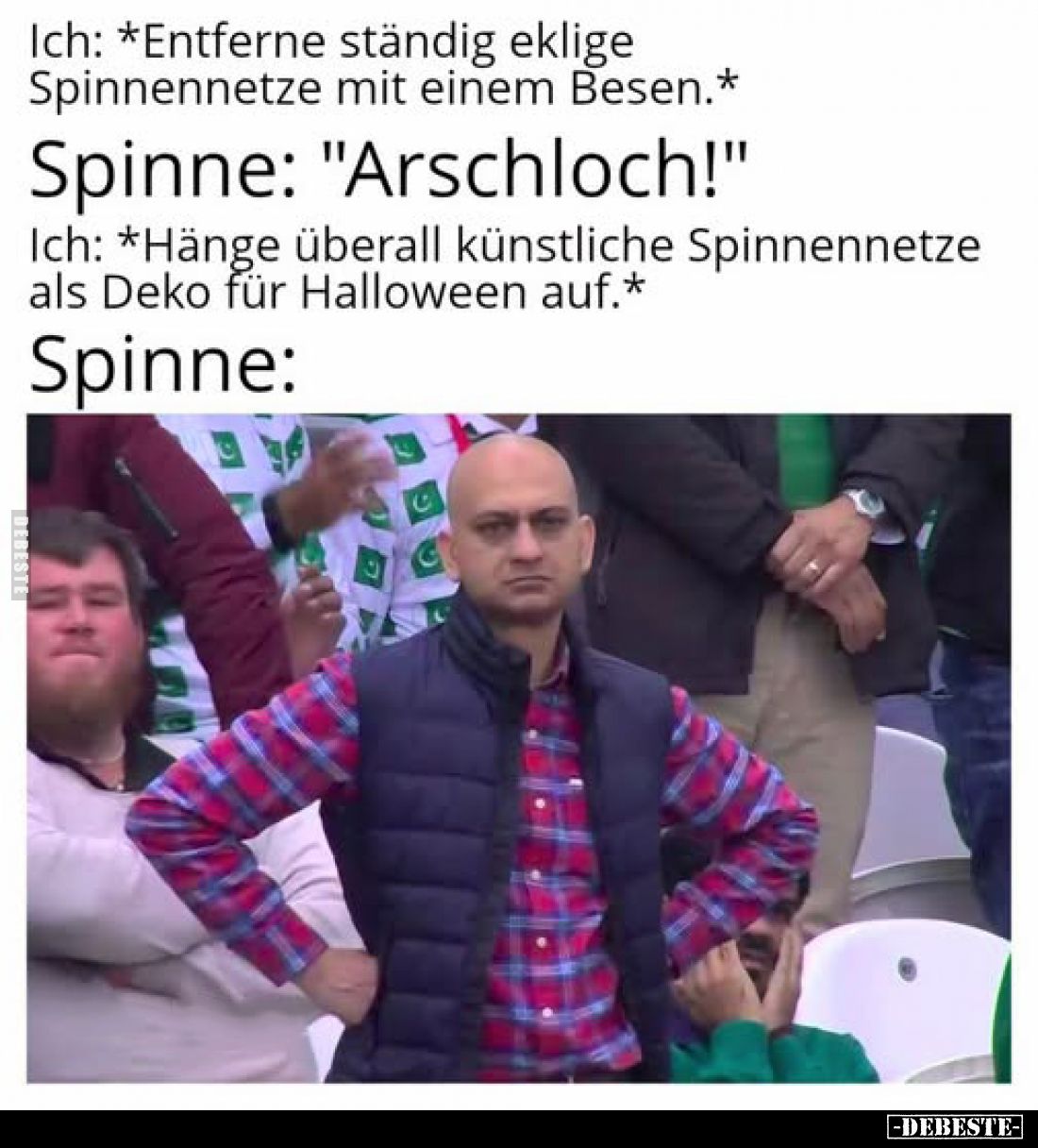 Ich: *Entferne ständig eklige Spinnennetze mit einem Besen.* -
Spinne: "Arschloch!" -
Ich: *Hänge überall künstli...