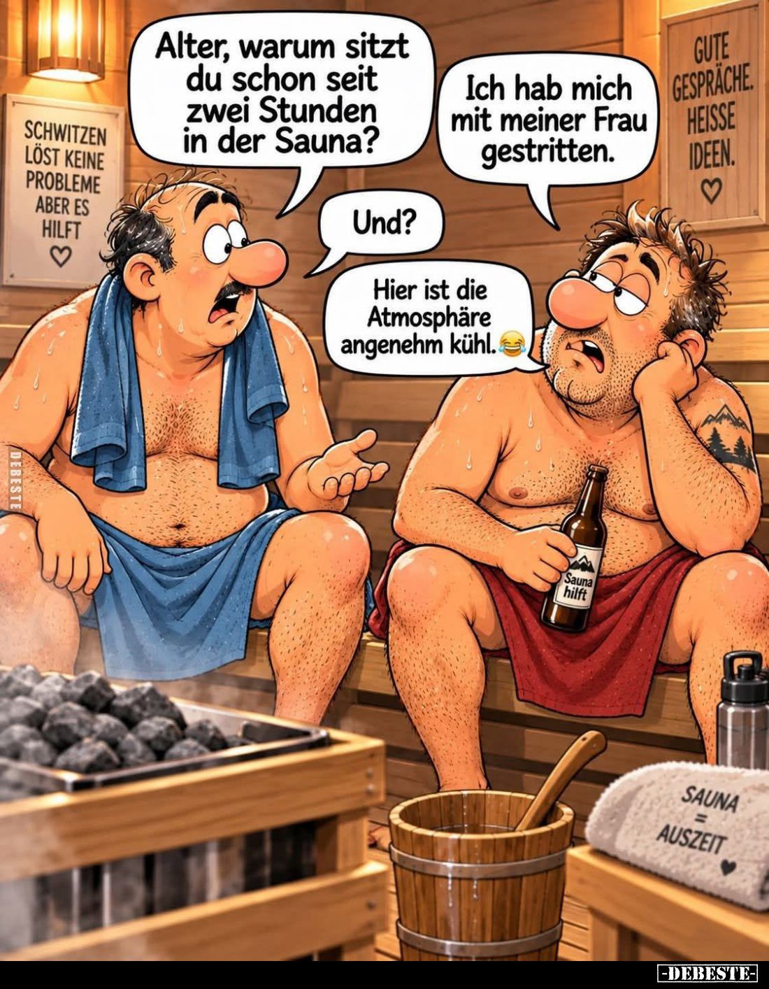 Alter, warum sitzt du schon seit zwei Stunden in der Sauna? - Ich hab mich mit meiner Frau gestritten. - Und? -
Hier ist die...