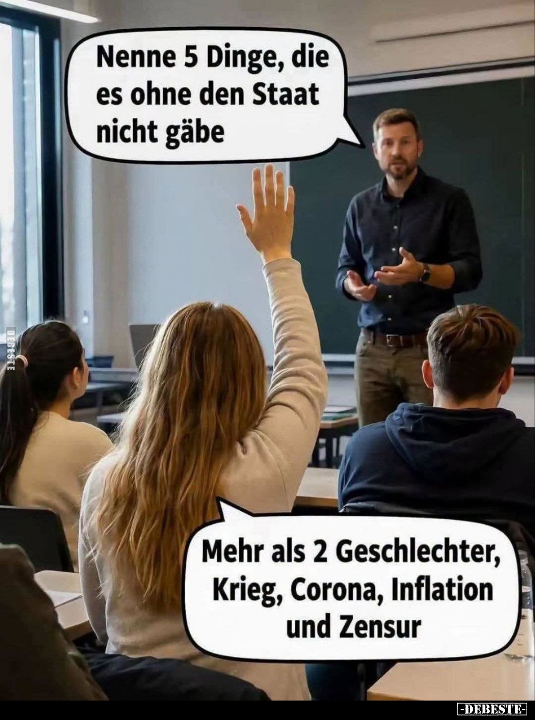 Nenne 5 Dinge, die es ohne den Staat nicht gäbe. -
Mehr als 2 Geschlechter, Krieg, Corona, Inflation und Zensur.