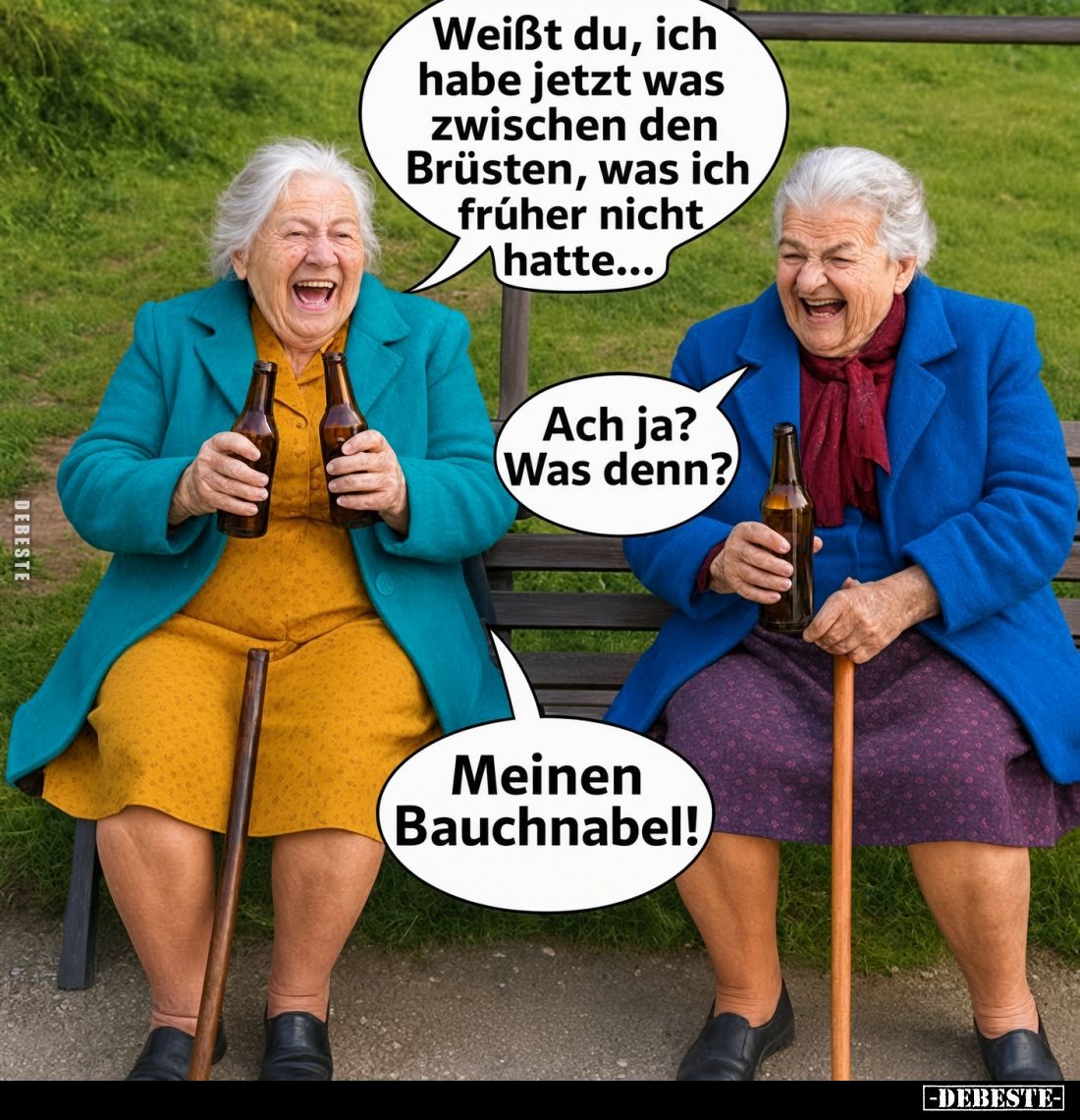 Weißt du, ich habe jetzt was zwischen den Brüsten, was ich früher nicht hatte... -
Ach ja? Was denn? -
Meinen Bauchnabel!