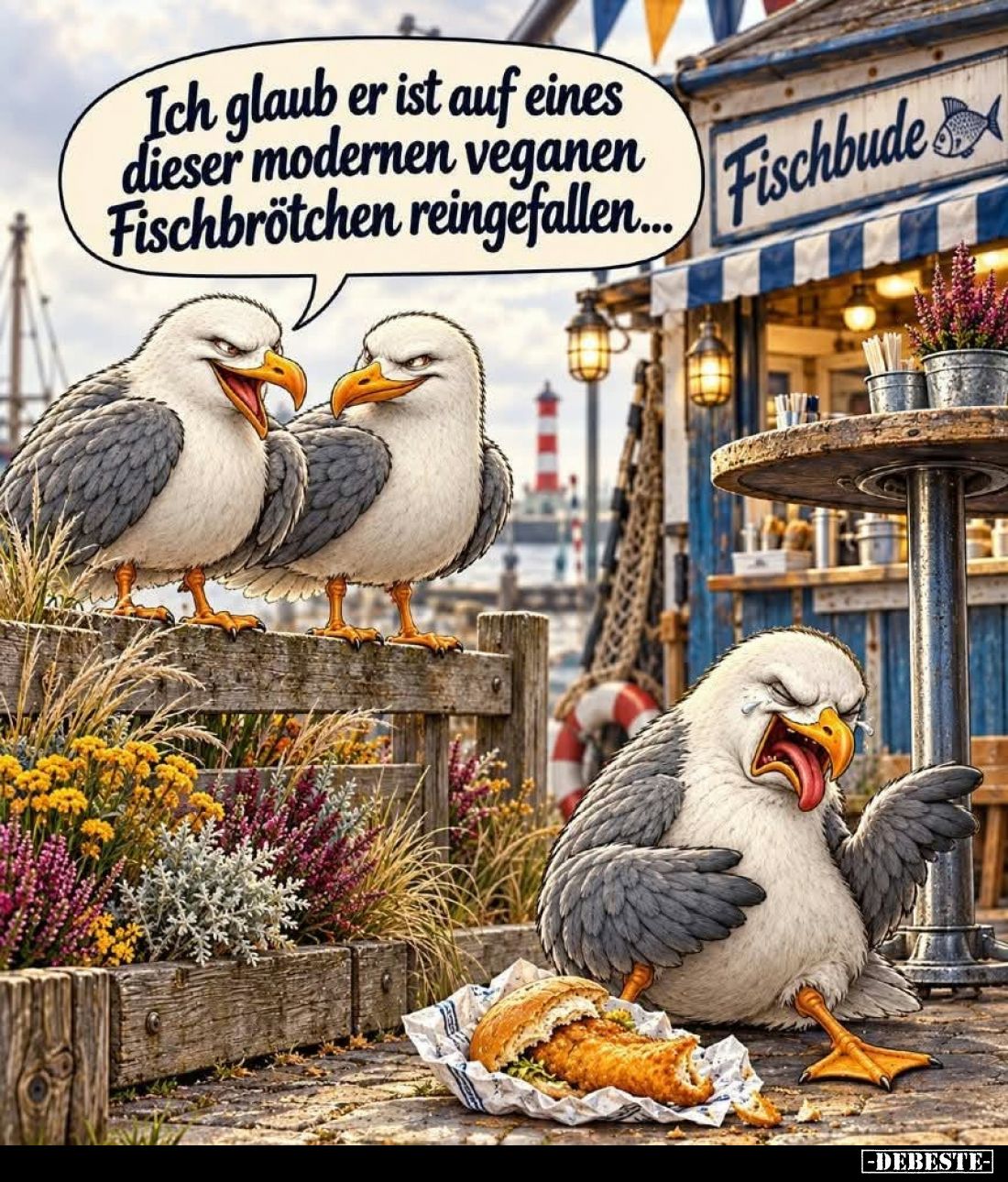 Ich glaub er ist auf eines dieser modernen veganen Fischbrötchen reingefallen...