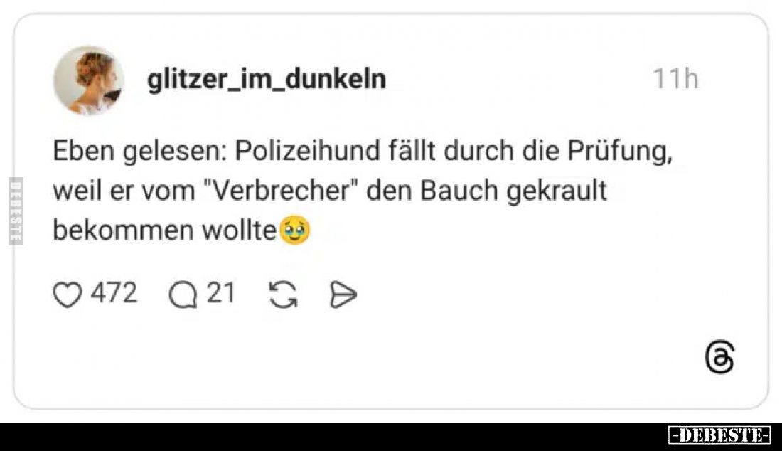 Eben gelesen: Polizeihund fällt durch die Prüfung, weil er vom "Verbrecher" den Bauch gekrault bekommen wollte
