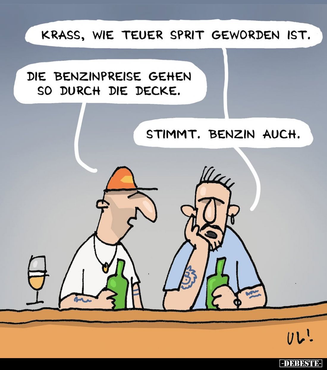 Krass, wie teuer Sprit geworden ist.
Die Benzinpreise gehen so durch die Decke.
Stimmt. Benzin auch.