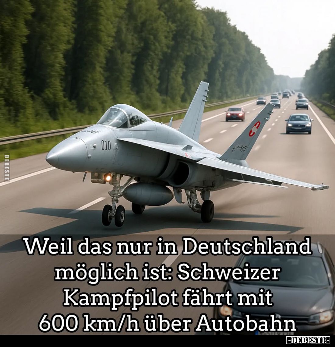 Weil das nur in Deutschland möglich ist: Schweizer Kampfpilot fährt mit 600 km/h über Autobahn.