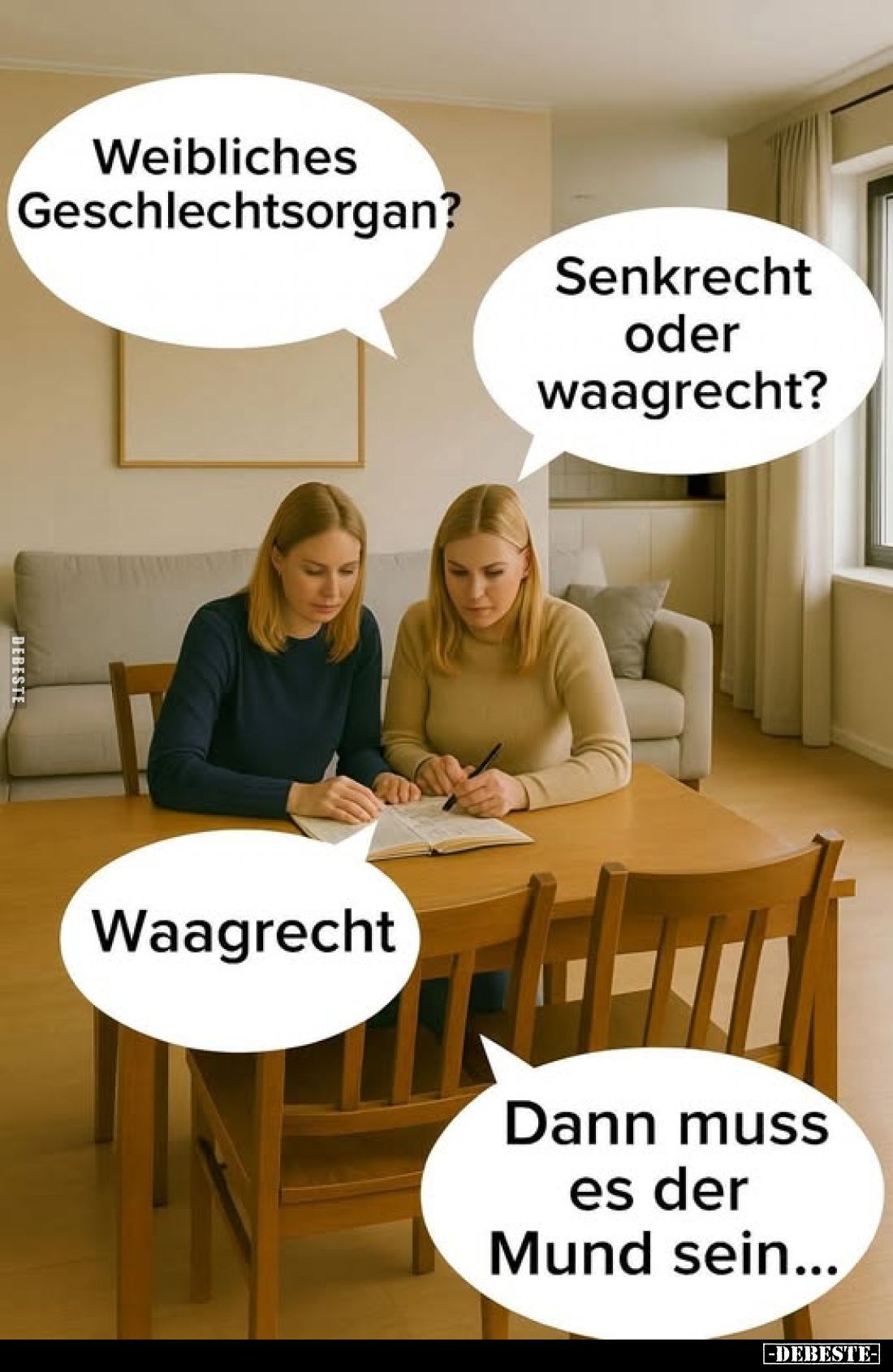 Weibliches Geschlechtsorgan? -
Senkrecht oder waagrecht? -
Waagrecht. -
Dann muss es der Mund sein...