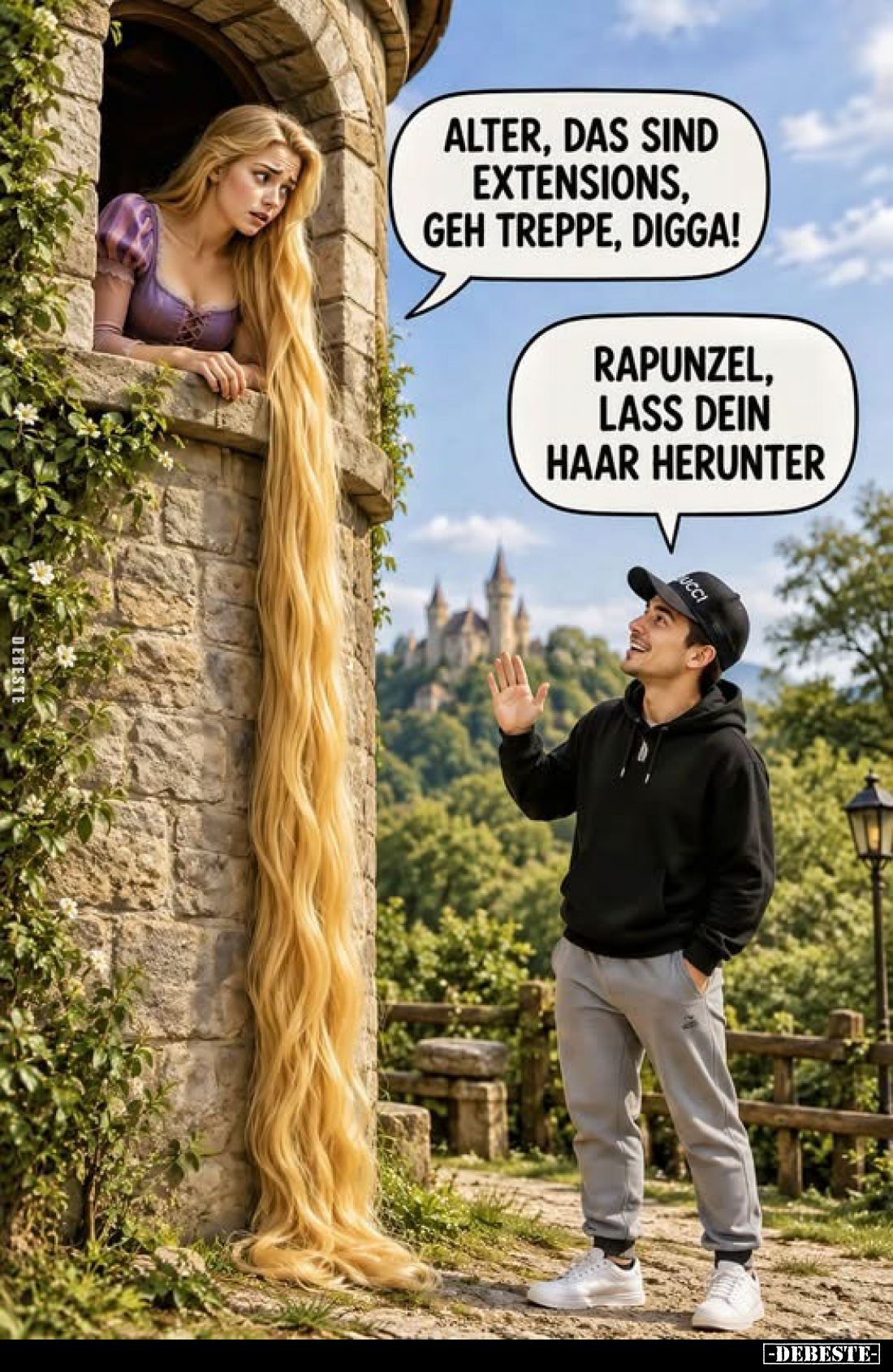 Alter, das sind Extensions, geh Treppe, Digga!
Rapunzel, lass dein Haar herunter.