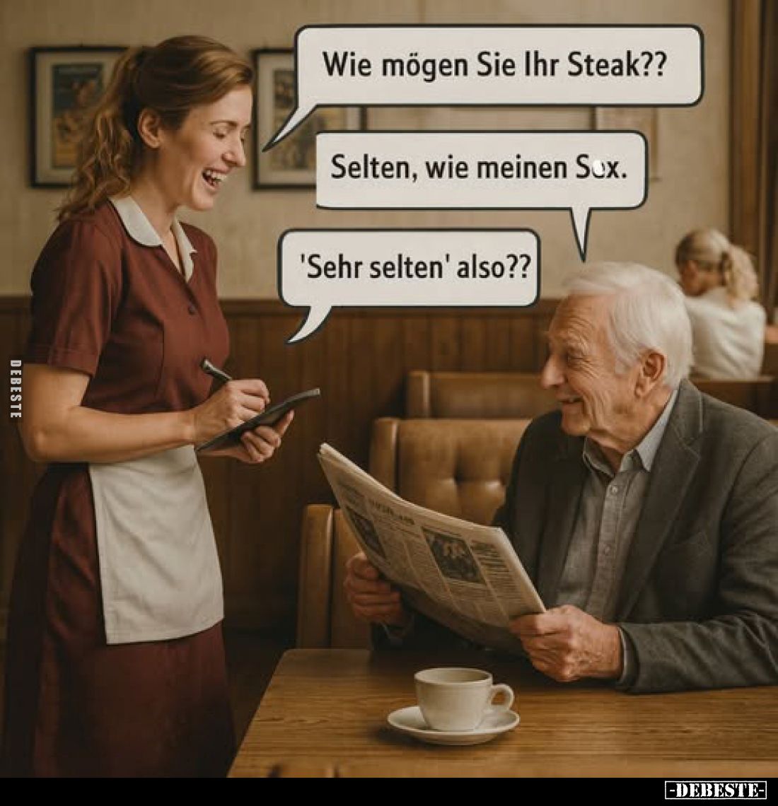 Wie mögen Sie Ihr Steak??
-
Selten, wie meinen Sex.
-
"Sehr selten" also??