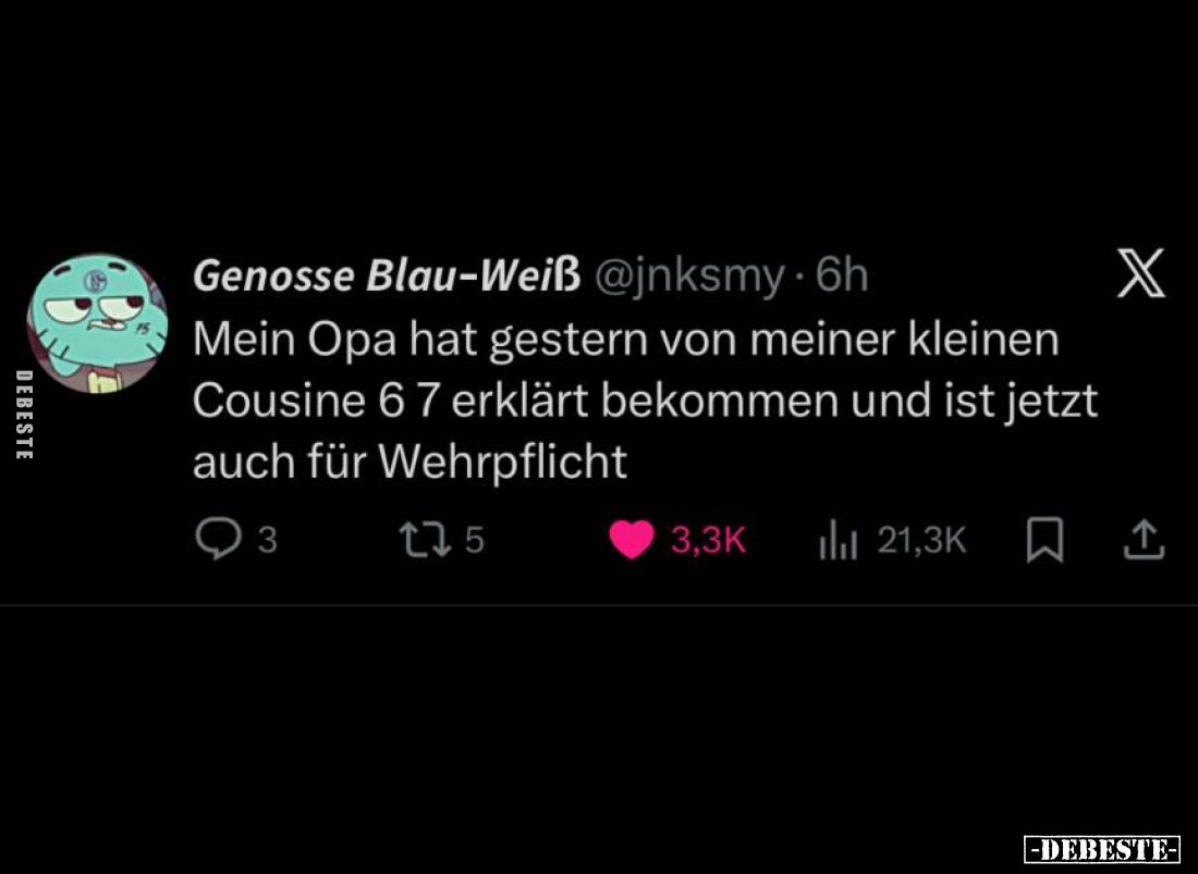 Mein Opa hat gestern von meiner kleinen
Cousine 6 7 erklärt bekommen und ist jetzt
auch für Wehrpflicht