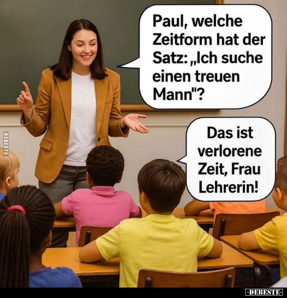 Paul, welche Zeitform hat der Satz: „Ich suche einen treuen Mann"?
-
Das ist verlorene Zeit, Frau Lehrerin!