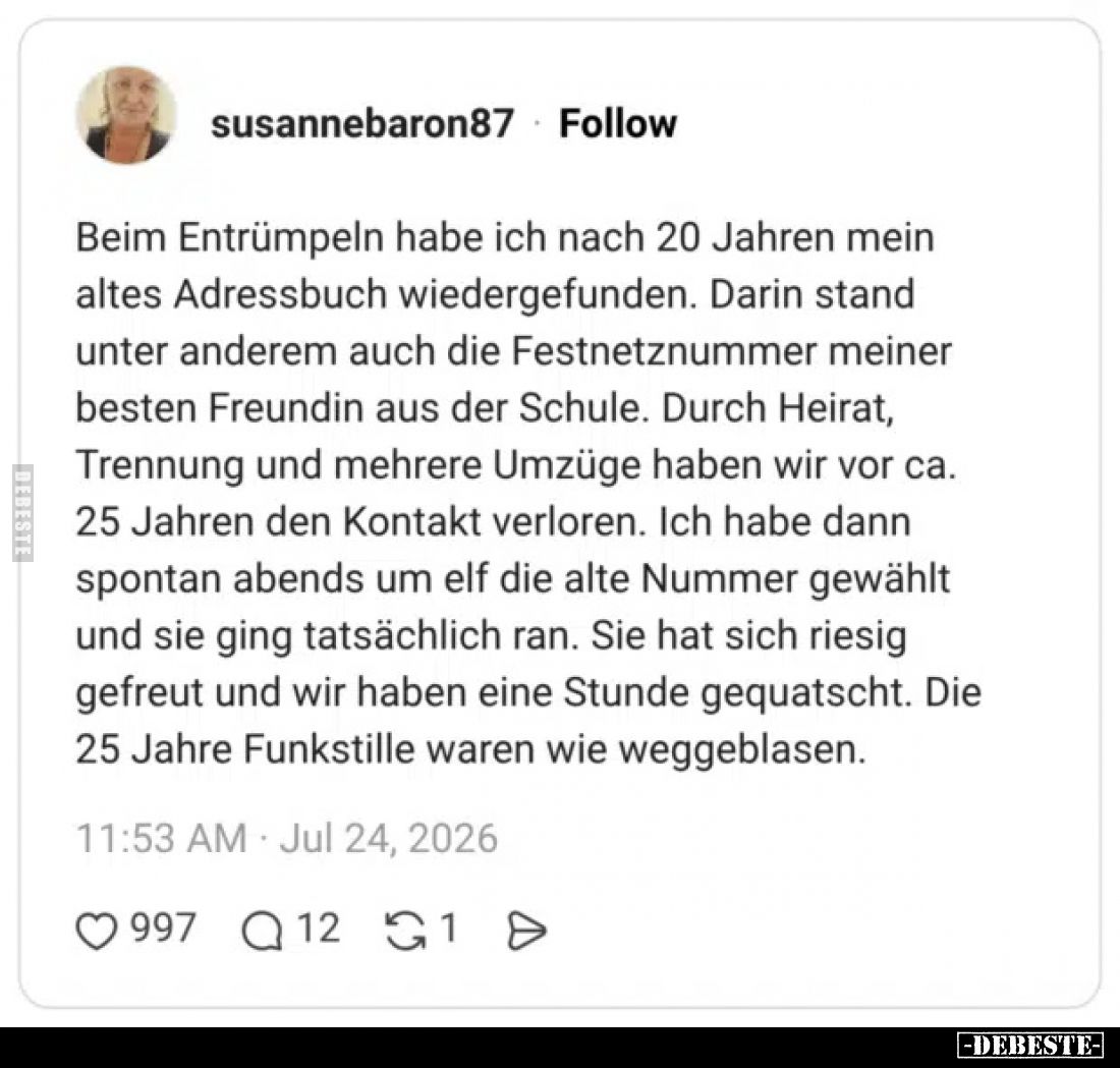 Beim Entrümpeln habe ich nach 20 Jahren mein altes Adressbuch wiedergefunden. Darin stand unter anderem auch die Festnetznumm...