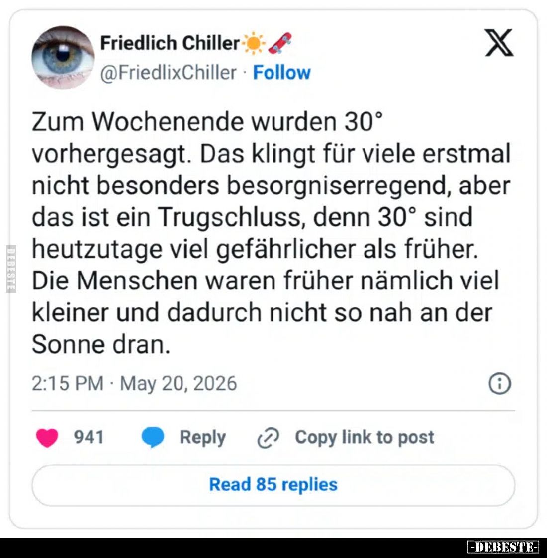 Zum Wochenende wurden 30° vorhergesagt.
Das klingt für viele erstmal nicht besonders besorgniserregend, aber das ist ein Tru...